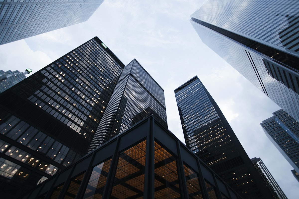 Modern corporate banking and financial towers.